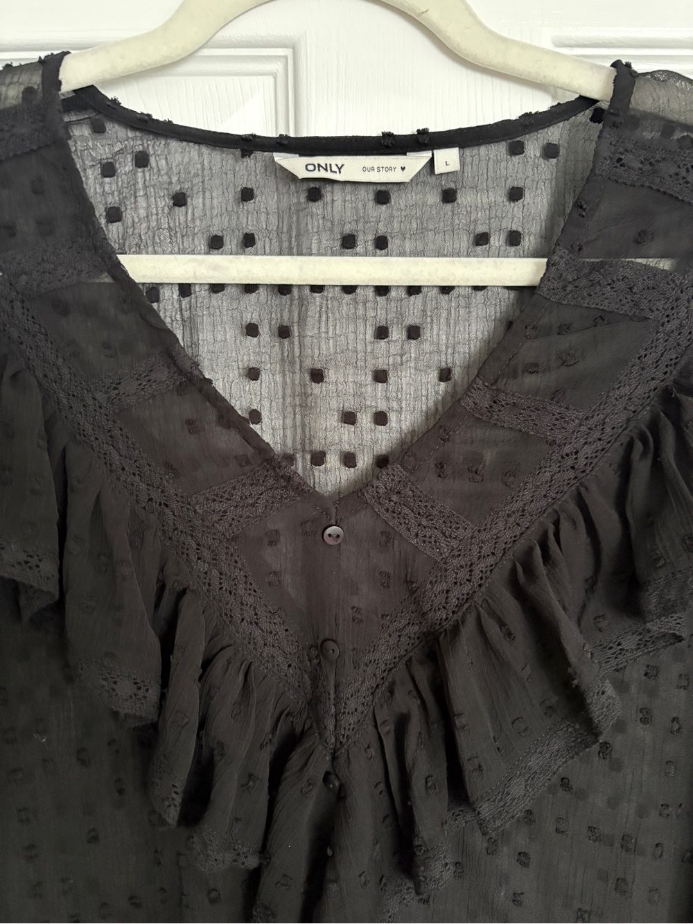 Only Black Ruffled V-Neck Swiss Dot Blouse with Lace Trim - Picture 2 of 4